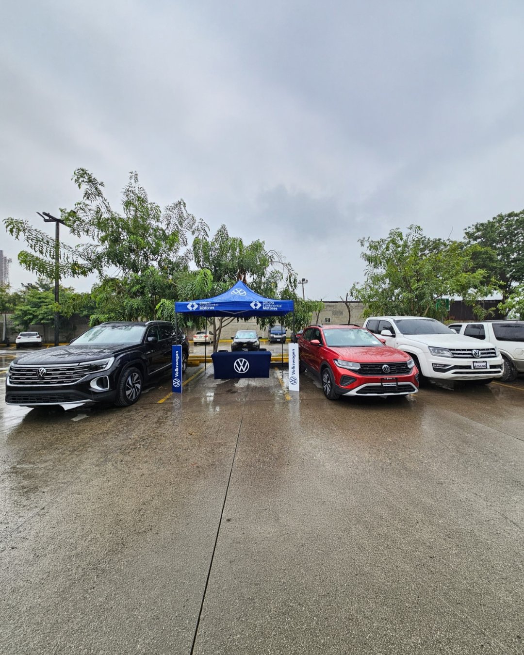 Exhibición de branding Volkswagen en exterior con vehículos y presencia de marca en punto promocional