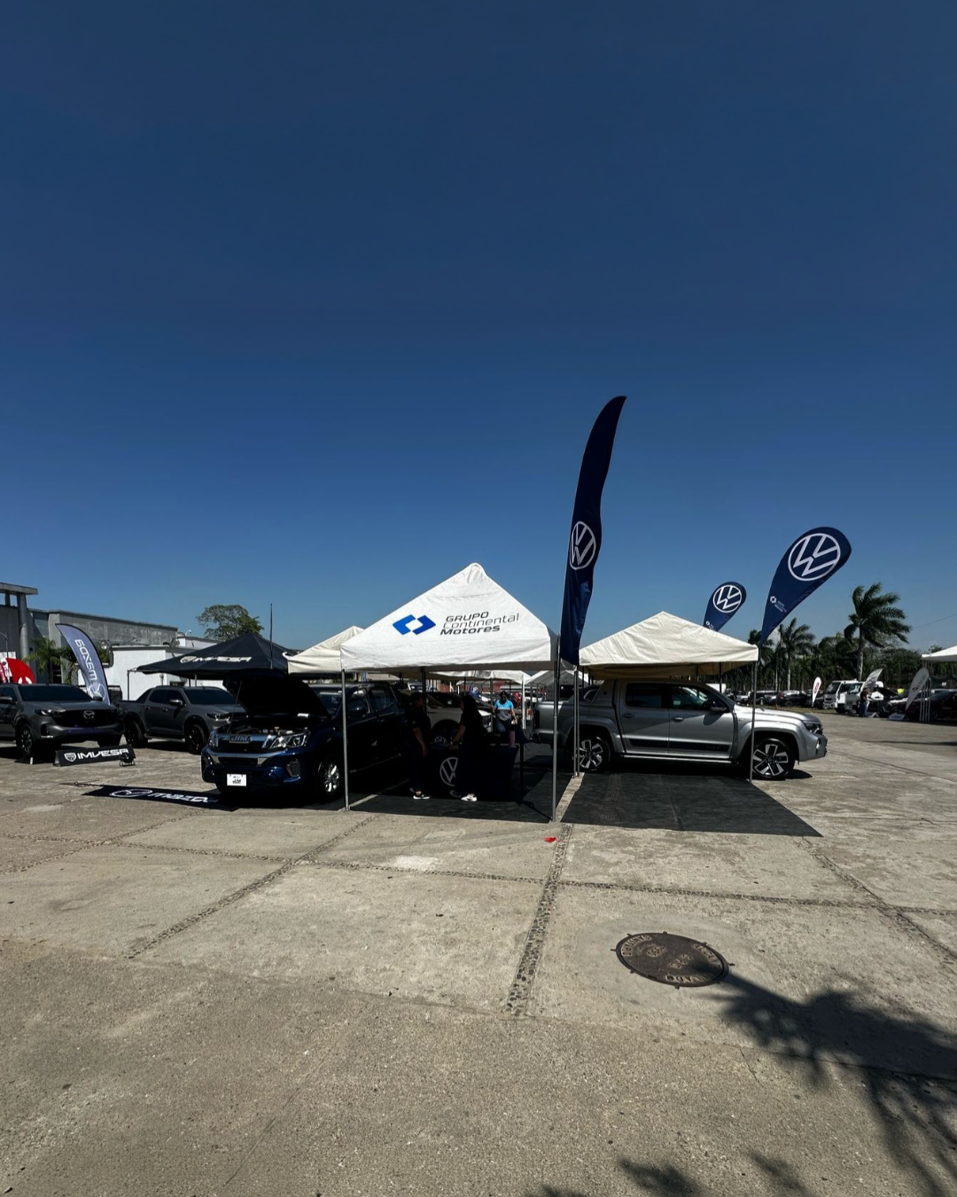 Exhibición Volkswagen en exterior con carpa promocional, vehículos y publicidad presencial de marca
