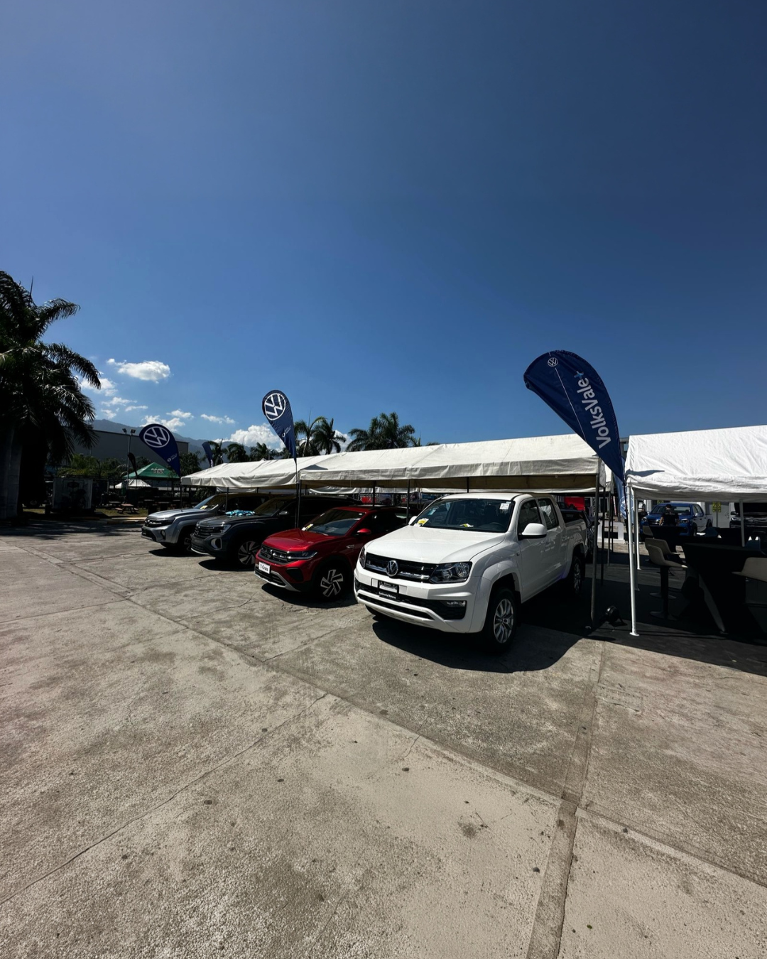 Branding vehicular Volkswagen en exterior con vehículos promocionales y presencia de marca BTL